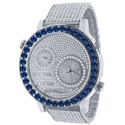 Men's Solitaire Blue Sapphire Dial Face Working Chronograph Diamond 18K White Gold Finish Bezel Band Custom Luxury Watch Analog 45mm W/Date