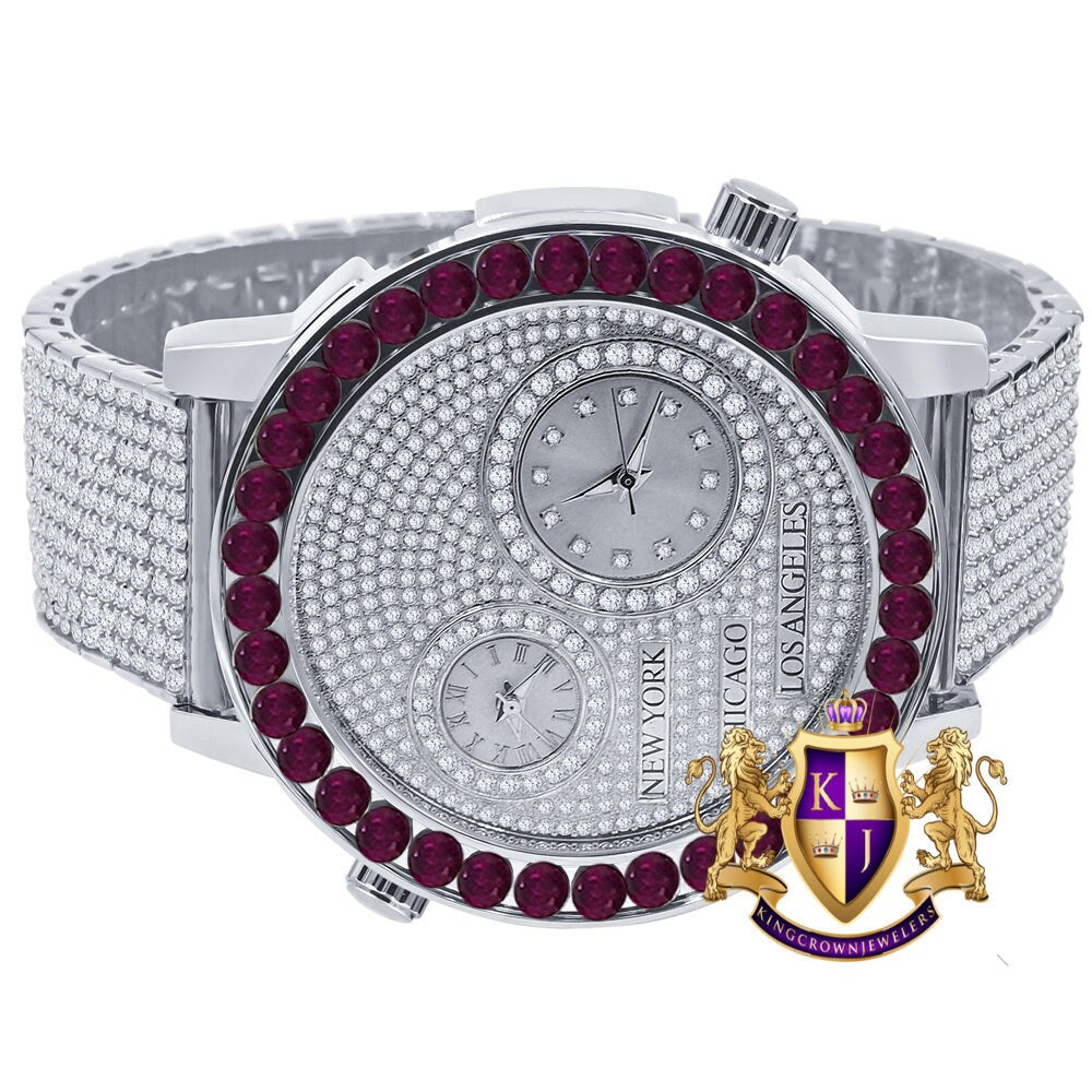 Men's Solitaire Fire Pink Dial Face Working Chronograph Diamond 18K White Gold Finish Bezel Band Custom Luxury Watch Analog 45mm W/Date