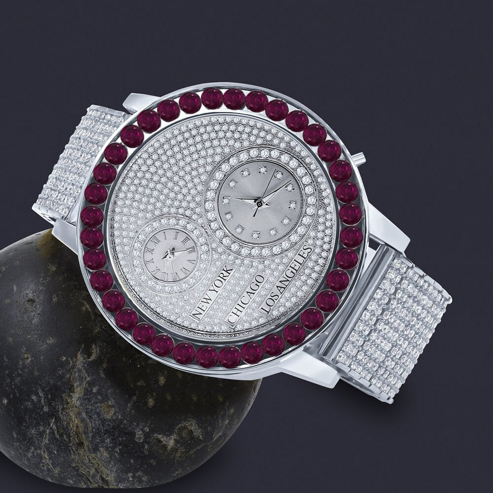 Men's Solitaire Fire Pink Dial Face Working Chronograph Diamond 18K White Gold Finish Bezel Band Custom Luxury Watch Analog 45mm W/Date
