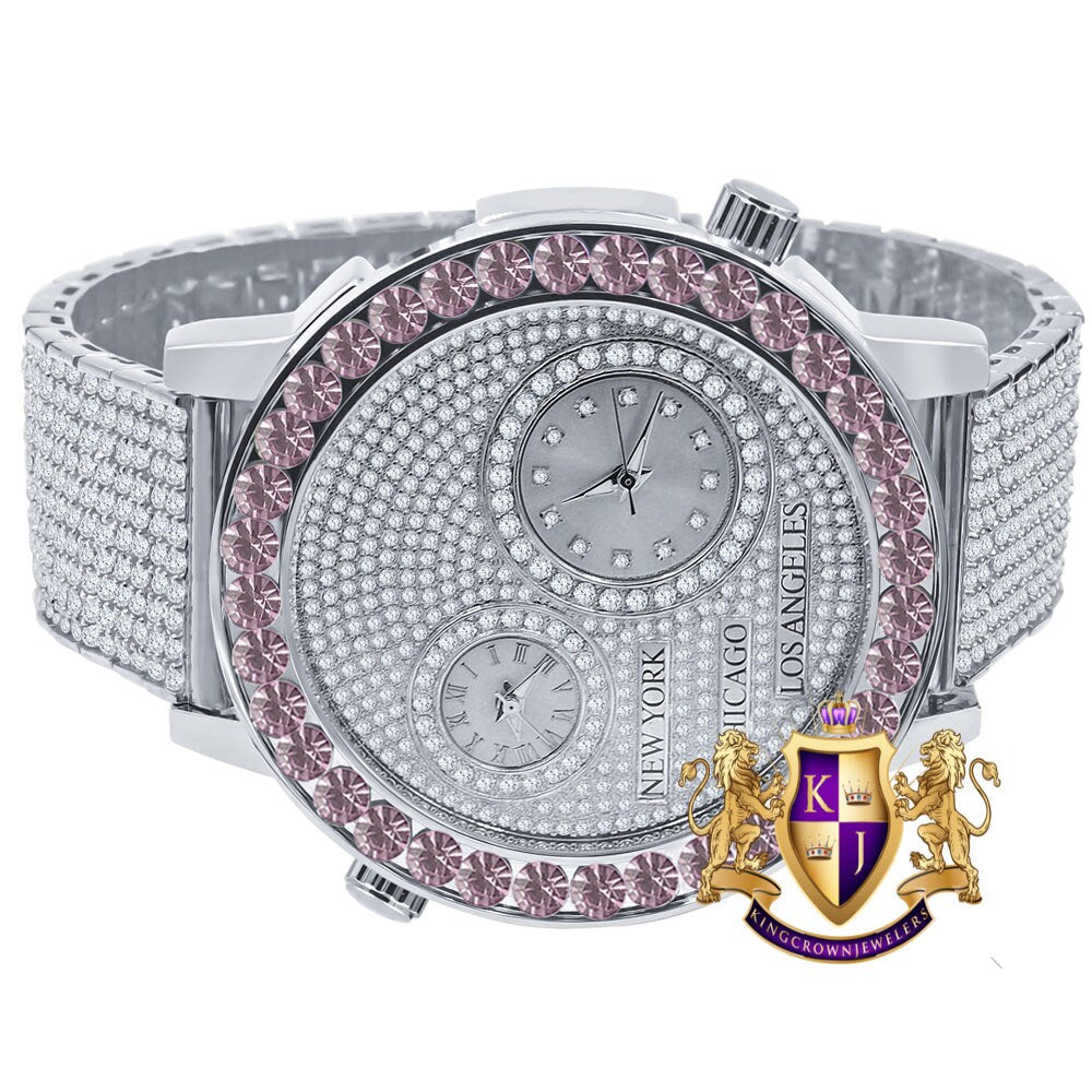 Men's Solitaire Soft Pink Dial Face Working Chronograph Diamond 18K White Gold Finish Bezel Band Custom Luxury Watch Analog 45mm W/Date