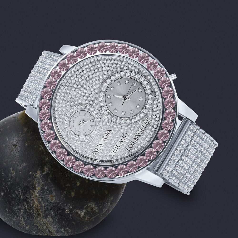 Men's Solitaire Soft Pink Dial Face Working Chronograph Diamond 18K White Gold Finish Bezel Band Custom Luxury Watch Analog 45mm W/Date