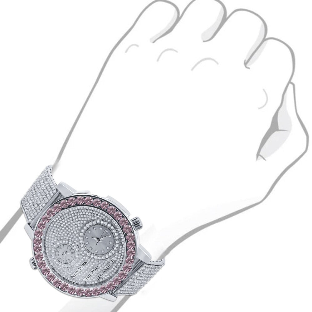 Men's Solitaire Soft Pink Dial Face Working Chronograph Diamond 18K White Gold Finish Bezel Band Custom Luxury Watch Analog 45mm W/Date