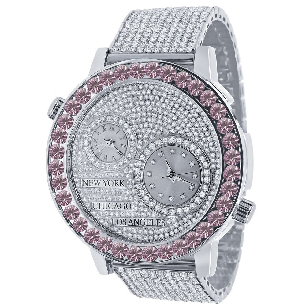 Men's Solitaire Soft Pink Dial Face Working Chronograph Diamond 18K White Gold Finish Bezel Band Custom Luxury Watch Analog 45mm W/Date