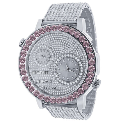Men's Solitaire Soft Pink Dial Face Working Chronograph Diamond 18K White Gold Finish Bezel Band Custom Luxury Watch Analog 45mm W/Date