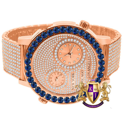 Men's Solitaire Blue Sapphire Dial Face Working Chronograph Diamond 18K Rose Gold Finish Bezel Band Custom Luxury Watch Analog 45mm W/Date