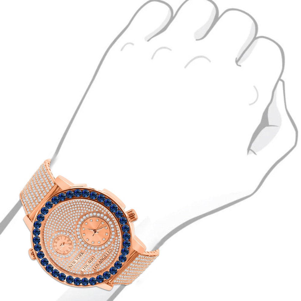 Men's Solitaire Blue Sapphire Dial Face Working Chronograph Diamond 18K Rose Gold Finish Bezel Band Custom Luxury Watch Analog 45mm W/Date