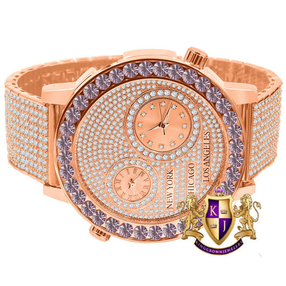 Men's Solitaire Soft Pink Dial Face Working Chronograph Diamond 18K Rose Gold Finish Bezel Band Custom Luxury Watch Analog 45mm W/Date