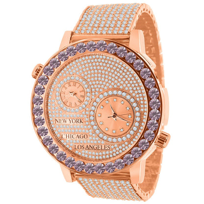 Men's Solitaire Soft Pink Dial Face Working Chronograph Diamond 18K Rose Gold Finish Bezel Band Custom Luxury Watch Analog 45mm W/Date