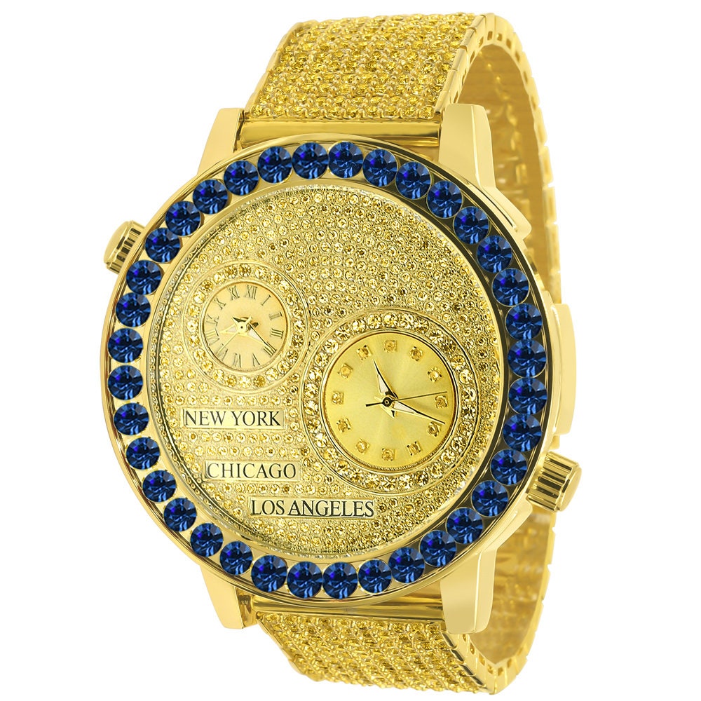 Canary Citrine Men's Solitaire Blue Sapphire Dial Face Working Chronograph Diamond 18K Gold Over Bezel Band Custom Luxury Watch 45mm W/Date