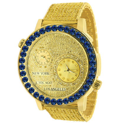 Canary Citrine Men's Solitaire Blue Sapphire Dial Face Working Chronograph Diamond 18K Gold Over Bezel Band Custom Luxury Watch 45mm W/Date