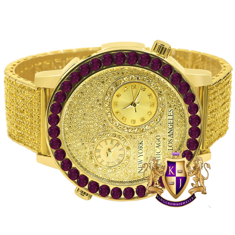 Canary Citrine Men's Solitaire Fire Pink Dial Face Working Chronograph Diamond 18K Gold Over Bezel Band Custom Luxury Watch 45mm W/Date