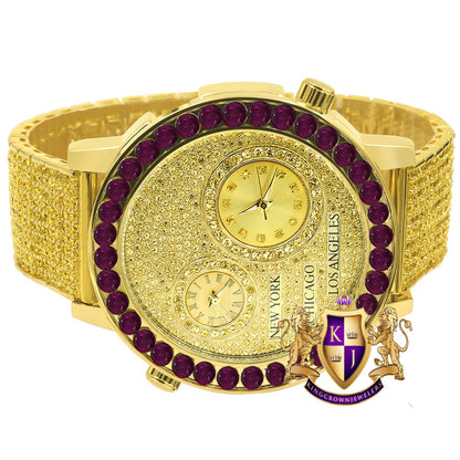 Canary Citrine Men's Solitaire Fire Pink Dial Face Working Chronograph Diamond 18K Gold Over Bezel Band Custom Luxury Watch 45mm W/Date