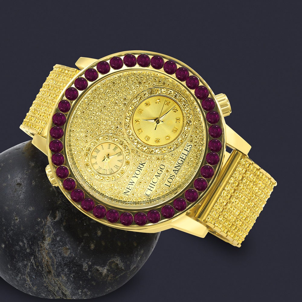Canary Citrine Men's Solitaire Fire Pink Dial Face Working Chronograph Diamond 18K Gold Over Bezel Band Custom Luxury Watch 45mm W/Date