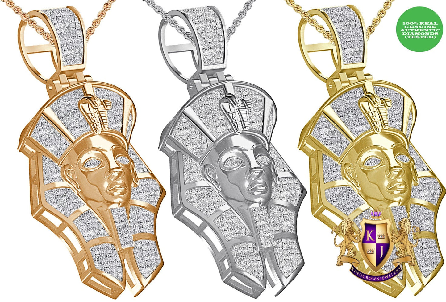 Real Genuine Diamond 0.60 Cwt. 24+ Grams Egyptian King Tut Pharaoh Ramesses Mummy Charm Cobra Snake Evil Power 10K Gold Over Pendant 2''