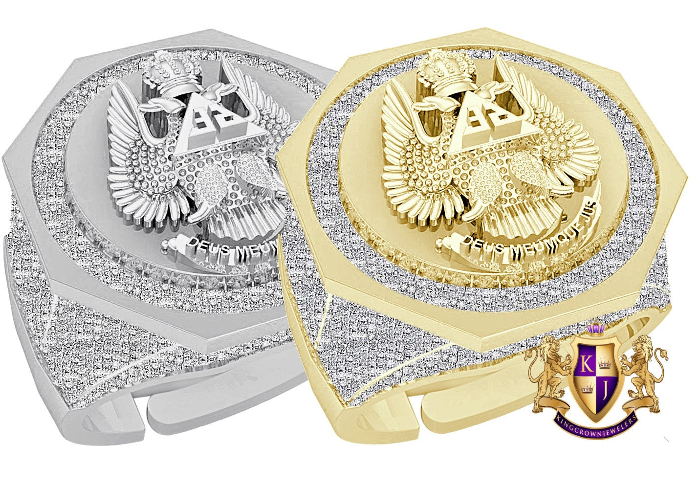 Men's Real Genuine Diamond 1.25 Cwt. Scottish Rite 32 Degree Wings Up Masonic Knights Templar Freemasonry Band Ring 10K Gold Over 17+ Grams