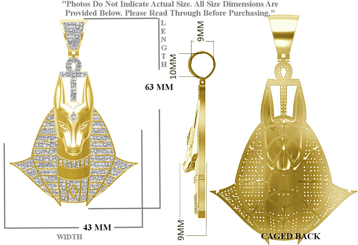 Real Genuine Diamond 0.60 Cwt. 22+ Grams Ancient Egyptian Goodies Anubis God Ankh Cross Pharaoh Custom Charm 10k Gold Over Pendent 2.5''