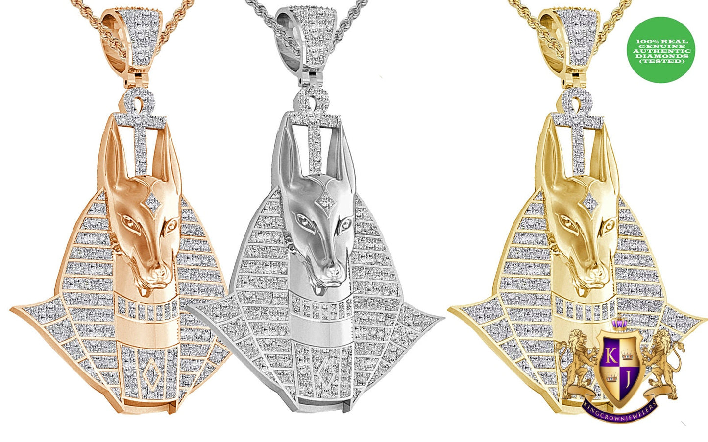 Real Genuine Diamond 0.60 Cwt. 22+ Grams Ancient Egyptian Goodies Anubis God Ankh Cross Pharaoh Custom Charm 10k Gold Over Pendent 2.5''
