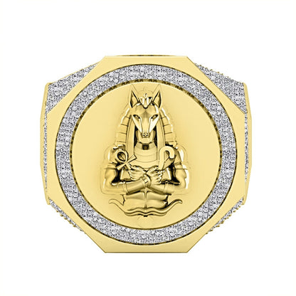 Men's Real Genuine Diamond 1.25 Cwt. Egyptian God Anubis Ankh Pharaoh Ring 10K Gold Over 22mm Band 17+ Grams