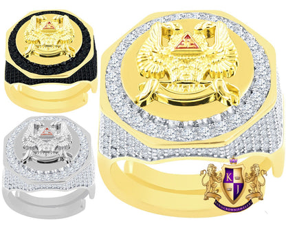 Men's Real Sterling Silver 14K Gold Over Lab Diamond Eagle 32 Degree Masonic Scottish Rite Freemasonry Ring Band (Adjustable Size 10 Up 12)