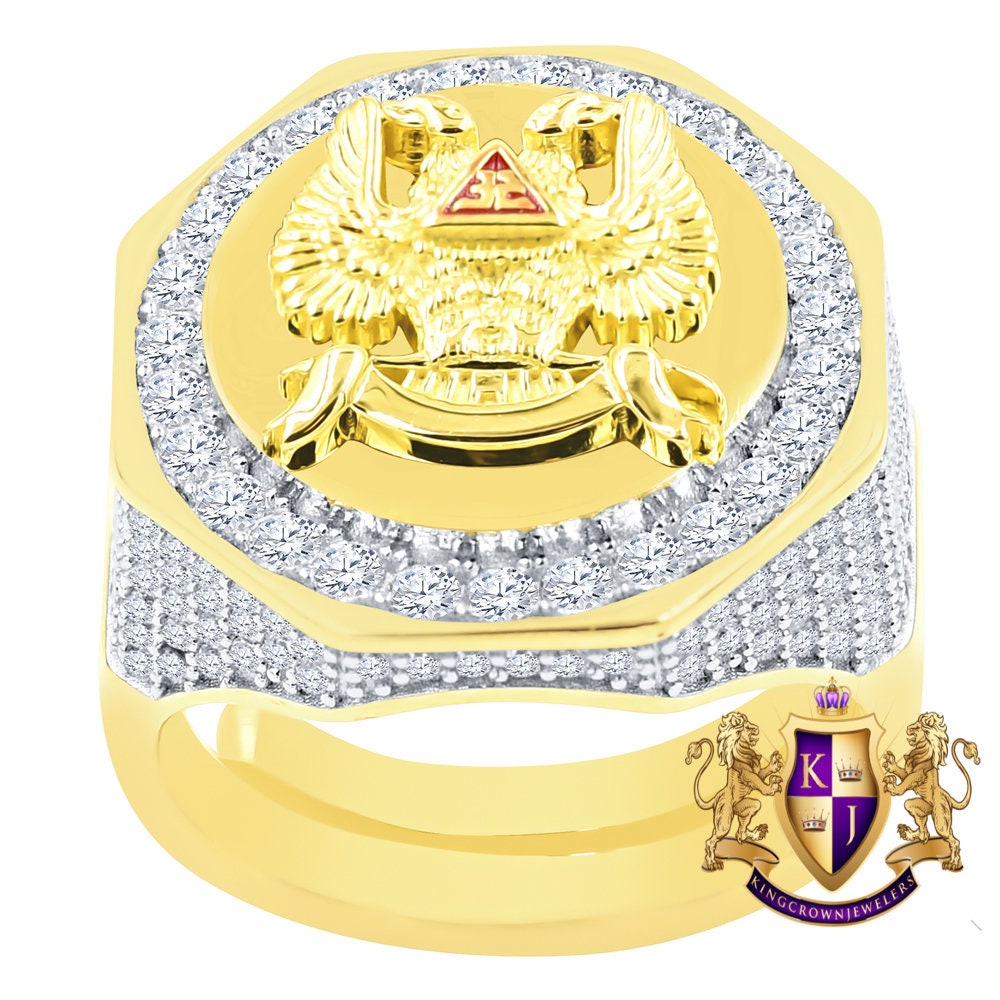 Men's Real Sterling Silver 14K Gold Over Lab Diamond Eagle 32 Degree Masonic Scottish Rite Freemasonry Ring Band (Adjustable Size 10 Up 12)