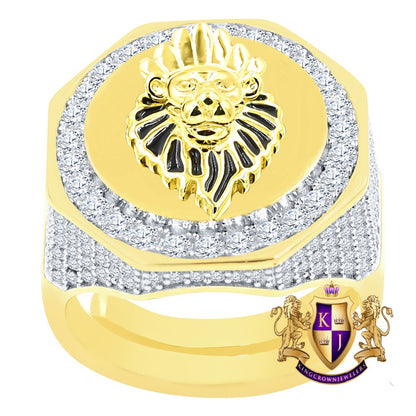 Men's Real Genuine Sterling Silver 14K Gold Over Simulated Diamond Lion King Crown Face Custom Ring Band (Adjustable Size 10 Up 12)