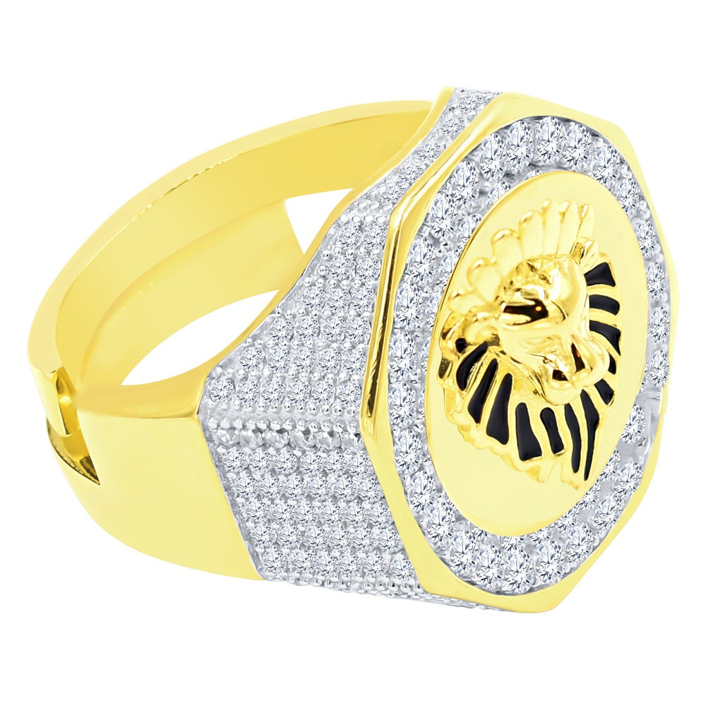 Men's Real Genuine Sterling Silver 14K Gold Over Simulated Diamond Lion King Crown Face Custom Ring Band (Adjustable Size 10 Up 12)