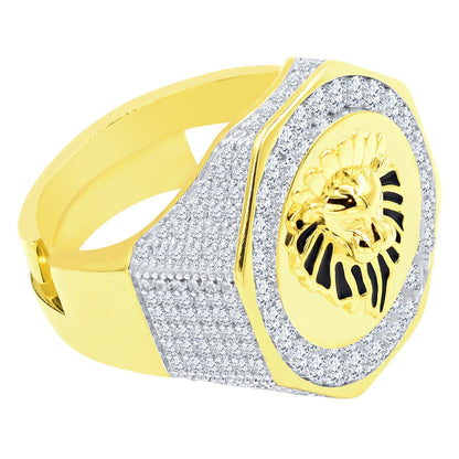 Men's Real Genuine Sterling Silver 14K Gold Over Simulated Diamond Lion King Crown Face Custom Ring Band (Adjustable Size 10 Up 12)