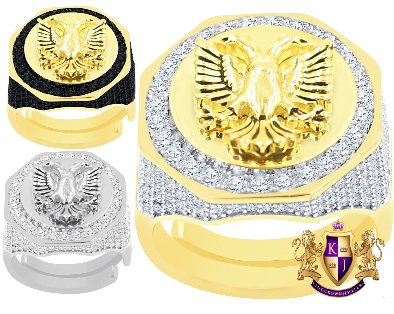 Men's Real Sterling Silver 14K Gold Over Simulated Diamond Albanian Eagle Double Headed Flying Bird Ring Band (Adjustable Size 10 Up 12)