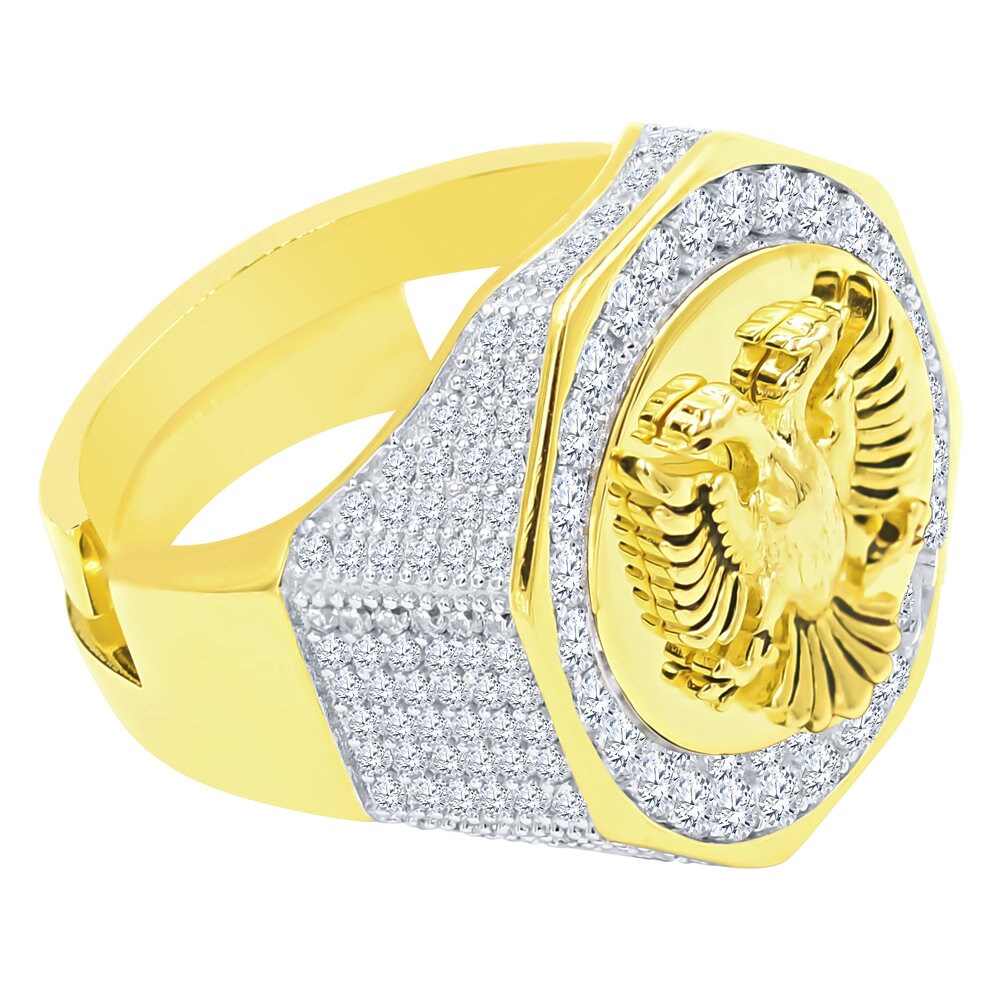 Men's Real Sterling Silver 14K Gold Over Simulated Diamond Albanian Eagle Double Headed Flying Bird Ring Band (Adjustable Size 10 Up 12)