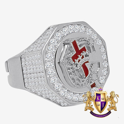 Men's Real Sterling Silver 14K Gold Over Simulated Diamond Knights Templar Masonic Freemason Ring Band (Adjustable Size 10 Up 12)