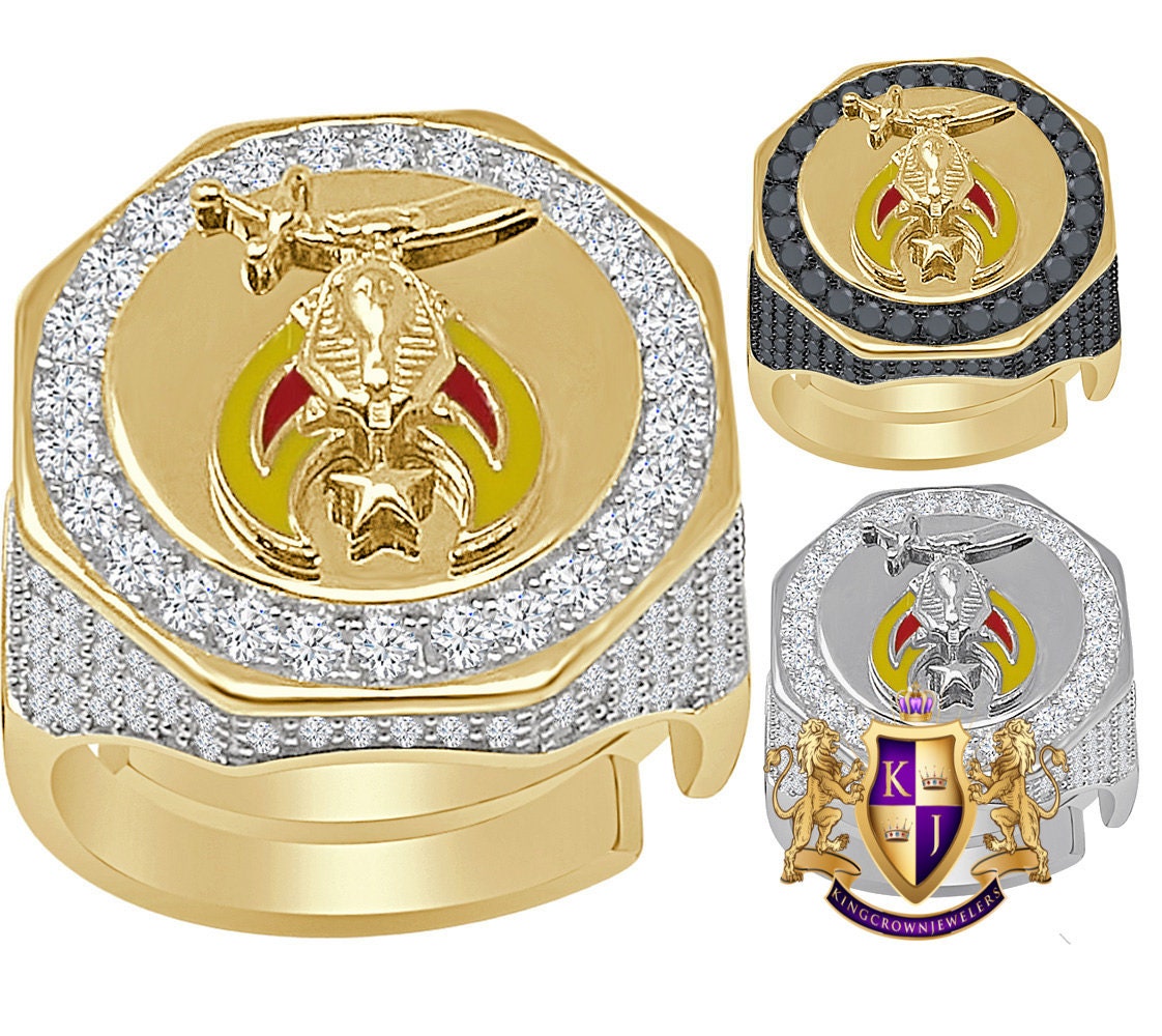 Men's Real Silver 14K Gold Over Lab Diamond Prince Hall Shrine Freemasonry Masonic Freemason Shriners Ring Band (Adjustable Size 10 Up 12)