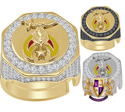 Men's Real Silver 14K Gold Over Lab Diamond Prince Hall Shrine Freemasonry Masonic Freemason Shriners Ring Band (Adjustable Size 10 Up 12)