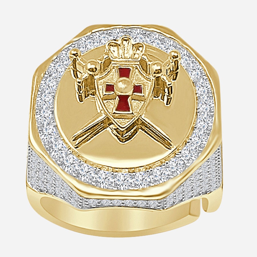 Men's Real Silver 14K Gold On Lab Diamond Knight Templar Masonic Shield and Sword Freemasonry Freemason Band Ring (Adjustable Size 10 Up 12)
