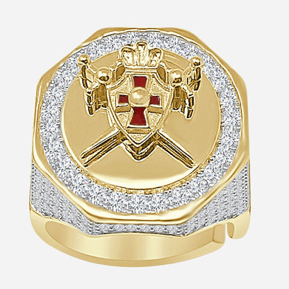 Men's Real Silver 14K Gold On Lab Diamond Knight Templar Masonic Shield and Sword Freemasonry Freemason Band Ring (Adjustable Size 10 Up 12)