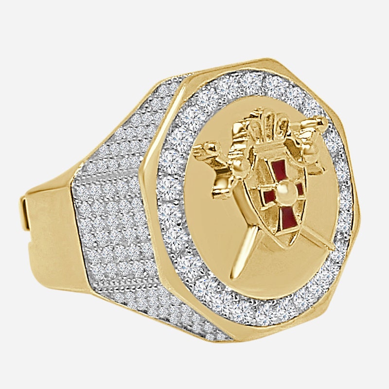 Men's Real Silver 14K Gold On Lab Diamond Knight Templar Masonic Shield and Sword Freemasonry Freemason Band Ring (Adjustable Size 10 Up 12)