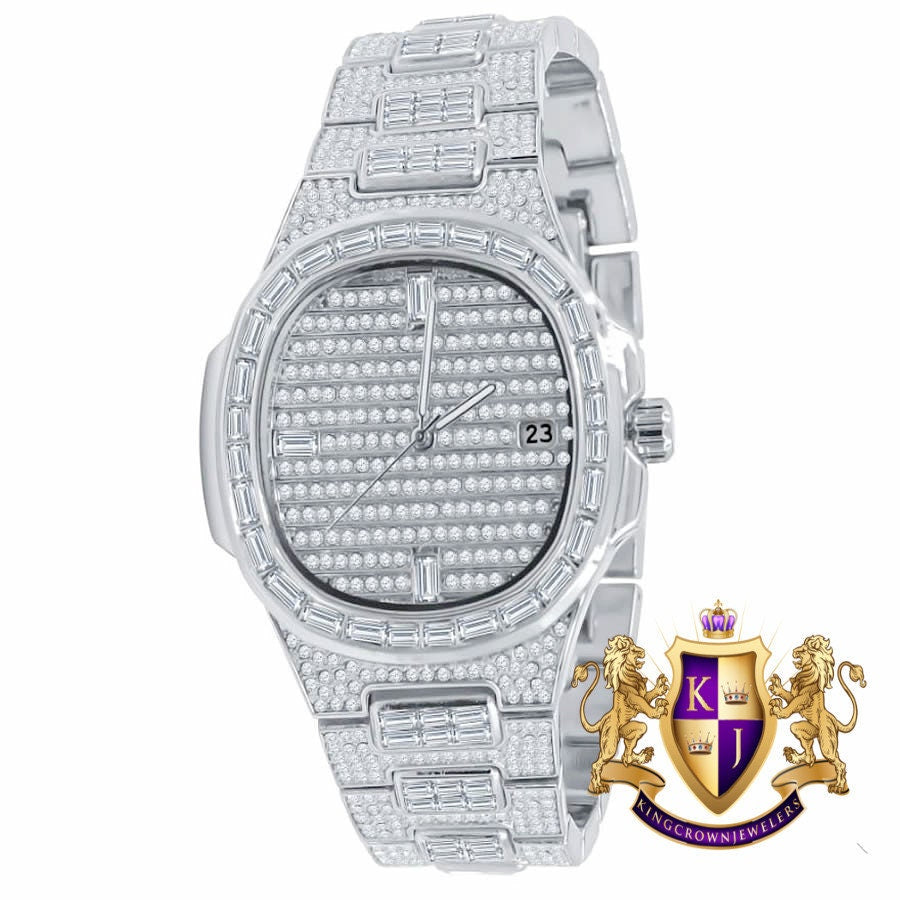 Men's 5 ATM Water Resistant Solid Steel Back Baguette/Round Cut Simulated Diamond 18K White Gold Finish Watch 40mm W/Date Function