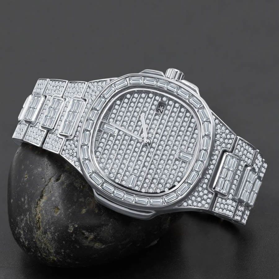 Men's 5 ATM Water Resistant Solid Steel Back Baguette/Round Cut Simulated Diamond 18K White Gold Finish Watch 40mm W/Date Function