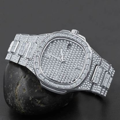 Men's 5 ATM Water Resistant Solid Steel Back Baguette/Round Cut Simulated Diamond 18K White Gold Finish Watch 40mm W/Date Function