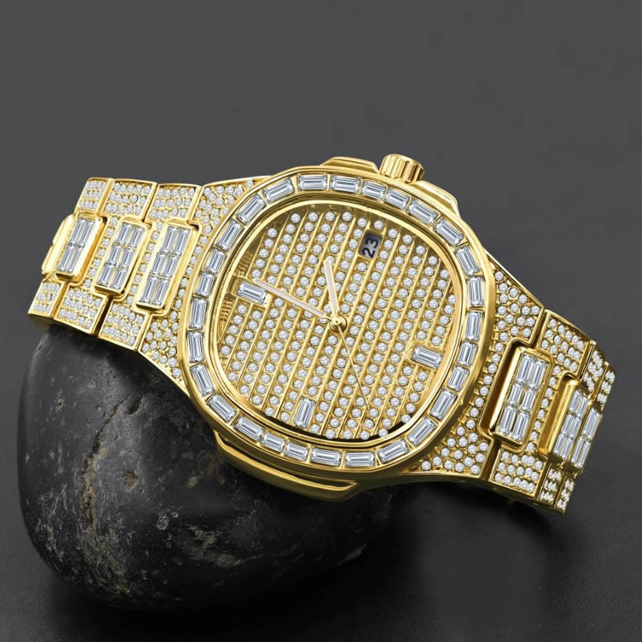 Men's 5 ATM Water Resistant Solid Steel Back Baguette/Round Cut Simulated Diamond 18K Yellow Gold Finish Watch 40mm W/Date Function