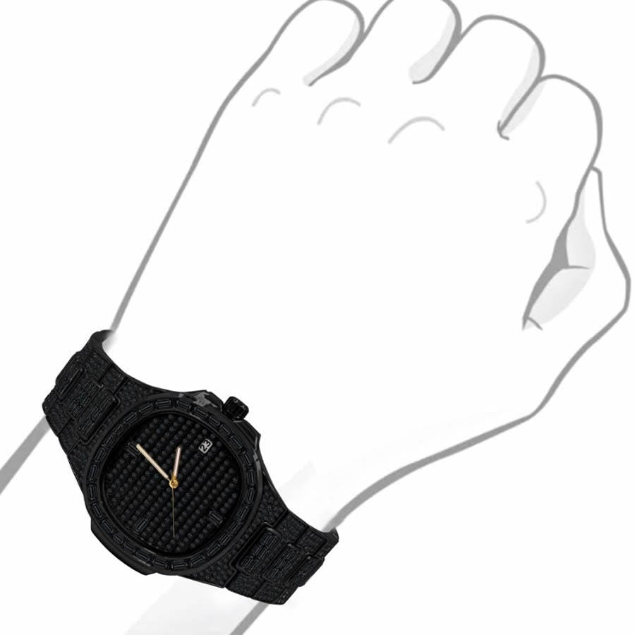 Men's 5 ATM Water Resistant Solid Steel Back Baguette/Round Cut Simulated Diamond 18K Black Gold Finish Watch 40mm W/Date Function