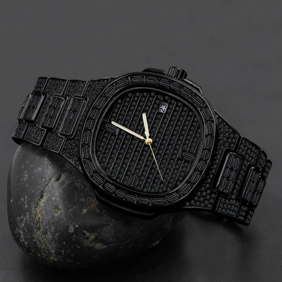 Men's 5 ATM Water Resistant Solid Steel Back Baguette/Round Cut Simulated Diamond 18K Black Gold Finish Watch 40mm W/Date Function