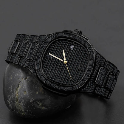 Men's 5 ATM Water Resistant Solid Steel Back Baguette/Round Cut Simulated Diamond 18K Black Gold Finish Watch 40mm W/Date Function