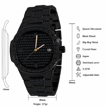 Men's 5 ATM Water Resistant Solid Steel Back Baguette/Round Cut Simulated Diamond 18K Black Gold Finish Watch 40mm W/Date Function