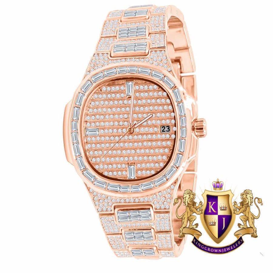 Men's 5 ATM Water Resistant Solid Steel Back Baguette/Round Cut Simulated Diamond 18K Rose Gold Finish Watch 40mm W/Date Function