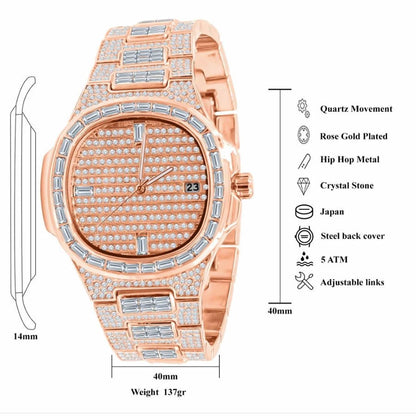 Men's 5 ATM Water Resistant Solid Steel Back Baguette/Round Cut Simulated Diamond 18K Rose Gold Finish Watch 40mm W/Date Function