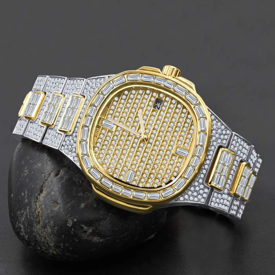 Men's 5 ATM Water Resistant Solid Steel Back Baguette/Round Cut Simulated Diamond 18K 2 Tone Gold Finish Watch 40mm W/Date Function