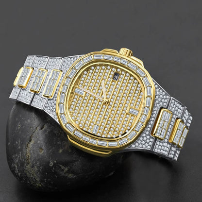 Men's 5 ATM Water Resistant Solid Steel Back Baguette/Round Cut Simulated Diamond 18K 2 Tone Gold Finish Watch 40mm W/Date Function