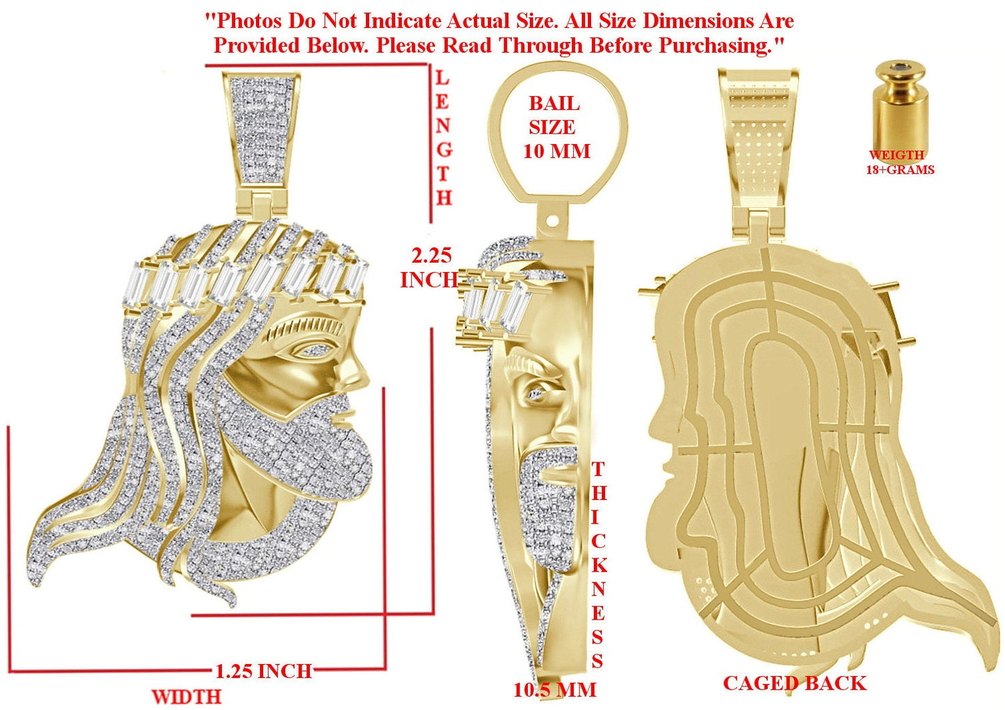 Real Genuine Authentic Diamond 0.61 Cwt. 20+ Grams Jesus Face Christ Head Piece Custom Charm 10k Gold Over Religious Pendent 2.25'' Unisex