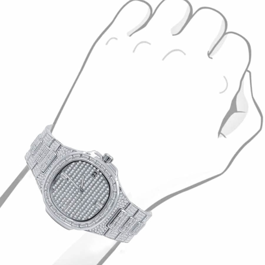 Men's 5 ATM Water Resistant Solid Steel Back Baguette/Round Cut Simulated Diamond 18K White Gold Finish Watch 40mm W/Date Function