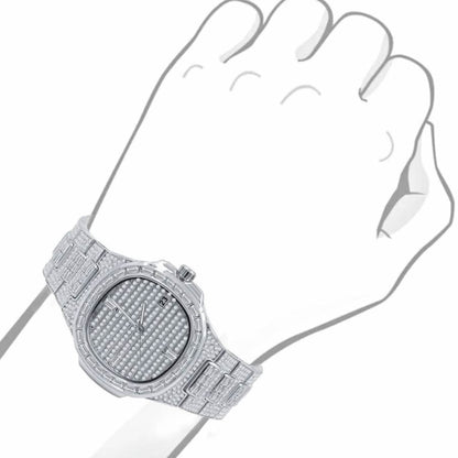 Men's 5 ATM Water Resistant Solid Steel Back Baguette/Round Cut Simulated Diamond 18K White Gold Finish Watch 40mm W/Date Function